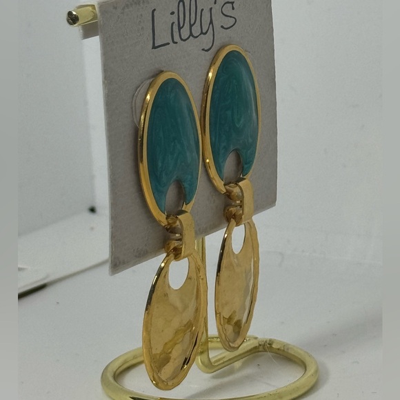 Vintage Lilly’s Green & Gold Enamel Geometric Double Oval Dangle Earrings - Picture 6 of 8